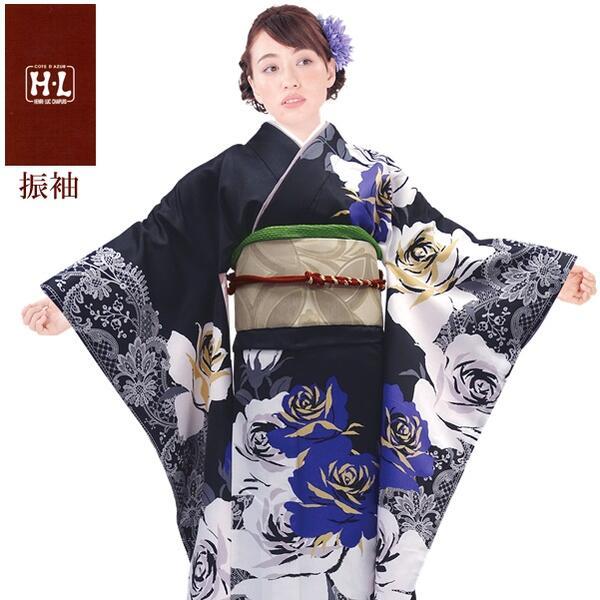【H.L 洗える振袖着物 202・F】着物・袋帯・襦袢セット（ダスティカラー 黒 花柄）成人式 結婚式 入学卒業式【E】