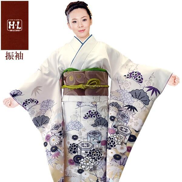 【H.L 洗える振袖着物 207・D】着物・袋帯・襦袢セット（ダスティカラー 白 花柄）成人式 結婚式 入学卒業式【E】