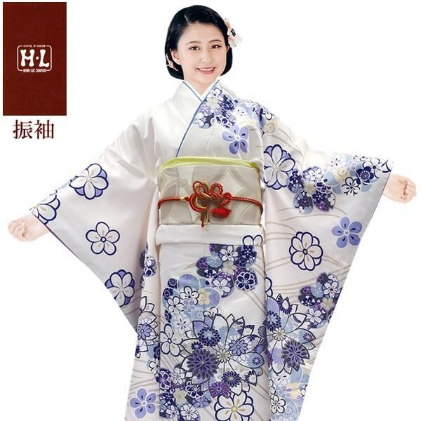 【H.L 洗える振袖着物 209・F】着物・袋帯・襦袢セット（ダスティカラー 白 花柄）成人式 結婚式 入学卒業式【E】