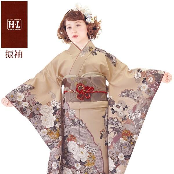 【H.L 洗える振袖着物 210・D】着物・袋帯・襦袢セット（ダスティカラー ベージュ 花柄）成人式 結婚式 入学卒業式【E】
