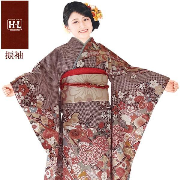 【H.L 洗える振袖着物 212・E】着物・袋帯・襦袢セット（ダスティカラー あずき色 花柄）成人式 結婚式 入学卒業式【E】