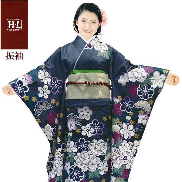 【H.L 洗える振袖着物 214・F】着物・袋帯・襦袢セット（ダスティカラー 鉄紺 花柄）成人式 結婚式 入学卒業式【E】