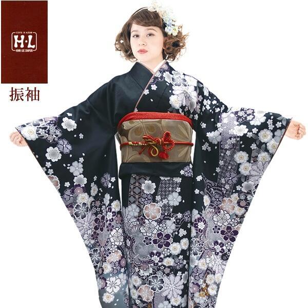 【H.L 洗える振袖着物 215・D】着物・袋帯・襦袢セット（ダスティカラー 黒 花柄）成人式 結婚式 入学卒業式【E】