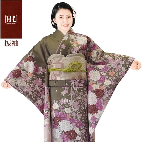 【H.L 洗える振袖着物 217・E】着物・袋帯・襦袢セット（ダスティカラー カーキ 花柄）成人式 結婚式 入学卒業式【E】