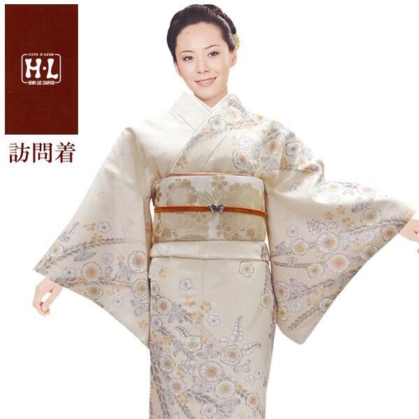 【H.L訪問着 単品】薄ベージュ系花柄【237】洗える着物 ダスティカラー【E】