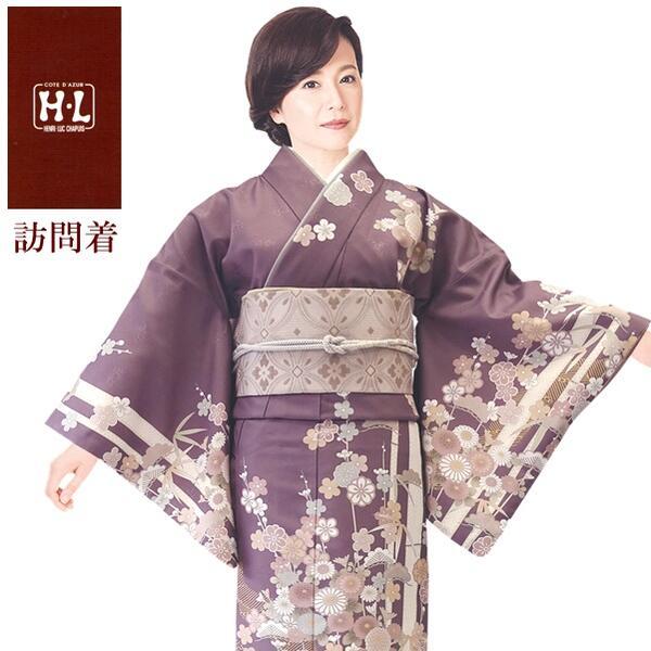 【H.L訪問着 単品】藤紫系花柄【248】洗える着物 ダスティカラー【E】
