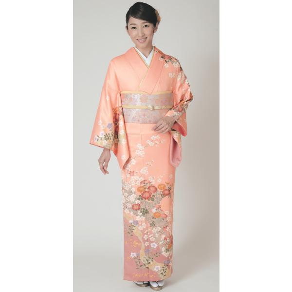 H.L訪問着セット【12 サーモンピンク系】【着物 袋帯 長襦袢】洗える着物 華やかな花柄 結婚式 披露宴 パーティー