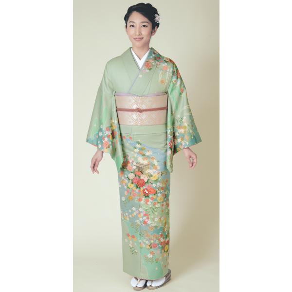 H.L訪問着セット【2 薄緑系】【着物 袋帯 長襦袢】洗える着物 華やかな花柄 結婚式 披露宴 パーティー