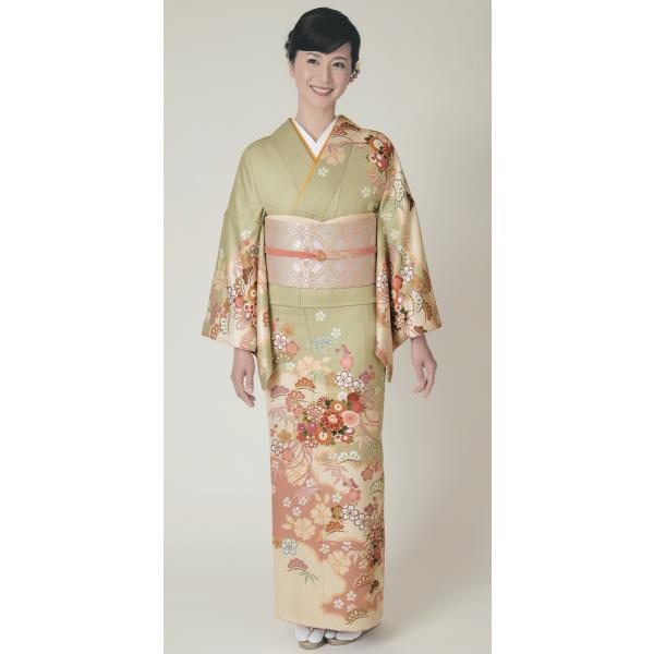 H.L訪問着セット【5 薄抹茶系】【着物 袋帯 長襦袢】洗える着物 華やかな花柄 結婚式 披露宴 パーティー