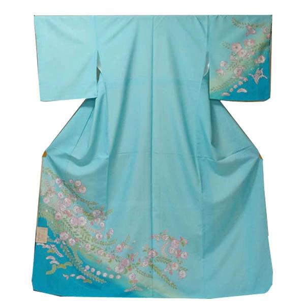 【日本製】仕立上り 袷付下げ 花とピンク＆緑葉柄（桜の地模様）水色（065）洗える ポリエステル