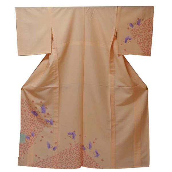 【日本製】仕立上り 単衣付下げ 扇子 チョウチョ ピンク桜（オレンジ色）洗える ポリエステル 撥水加工 6月 9月（095）