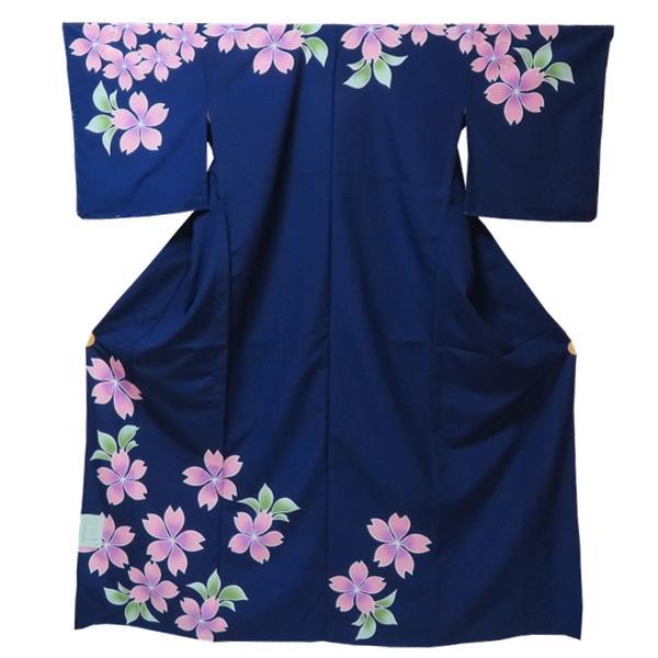 【日本製】仕立上り 単衣付下げ 大きな桜 インパクト大（藍色）洗える ポリエステル 撥水加工 6月 9月（130）