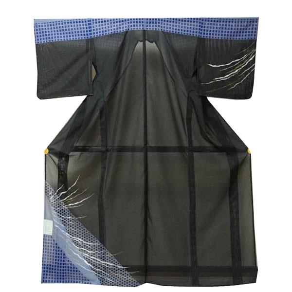 【絽付下げ 仕立上り】日本製 （四角 六角形 ラメライン 黒）洗える ポリエステル 撥水加工 7月 8月（016）