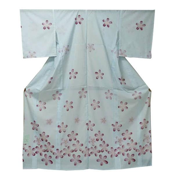 【絽付下げ 仕立上り】日本製 （大きな桜 水色）洗える ポリエステル 撥水加工 7月 8月（059）