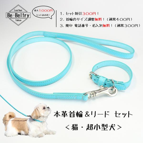 首輪&リード 超小型犬 お得セット 本革 幅12mm ターコイズブルー色