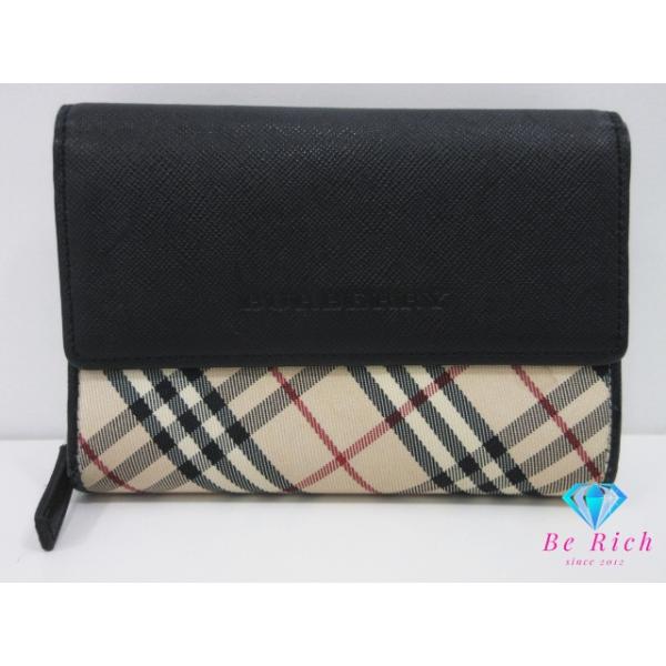 【美品】バーバリー二つ折り財布 ノバチェック小銭入れ ブラック BURBERRY（バーバリー） 長財布 ブラック レザー ノバチェック 小銭