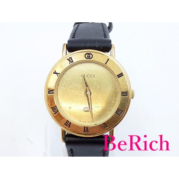 グッチ GUCCI レディース 腕時計 3000L ゴールド 文字盤 GP レザー 黒