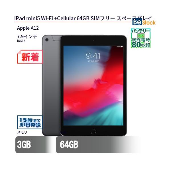 美品　iPad mini 第5世代　シムフリー　スペースグレイ MUX52J/A Apple iPad mini 7.9インチ 第5世代 Wi-Fi+Cellular 64GB 2019
