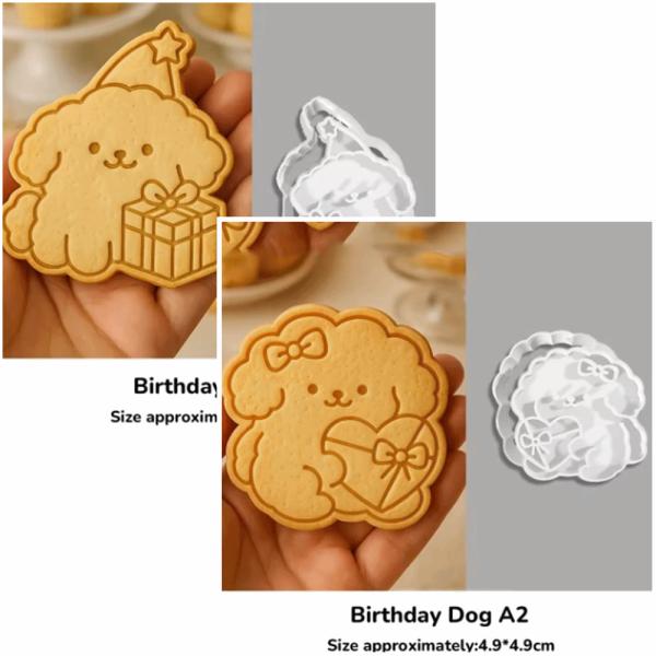 かわいい、ふわふわプードル／ビション風?Birthday・プレゼント用のクッキー型！大きめのサイズになっています。A2：ハート型のプレゼントとかわいいリボン付きA5：プレゼントBOXとパーティー三角帽付き１個のお値段となりますサイズは画像に...