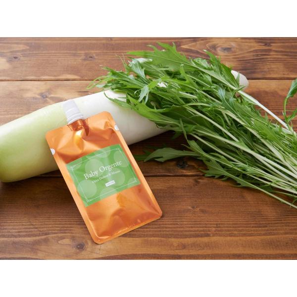 大地で立派に育った大根と水菜を収穫してすぐに「大根＆水菜おじや」に仕上げました。「椎茸＆昆布」天然だしです。＜商品特長＞有機＆無農薬のお野菜と天然だしで手作りしたオーガニックベビーフードです。お野菜は農家さん限定で、土作りからこだわっていま...