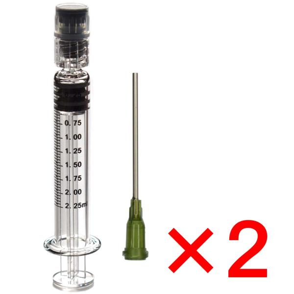 2本セット インジェクター 注射器 シリンジ ガラス製 ロック型 2.25ml 硝子 実験 研究 などに 14G針付き キャップ付き 栓