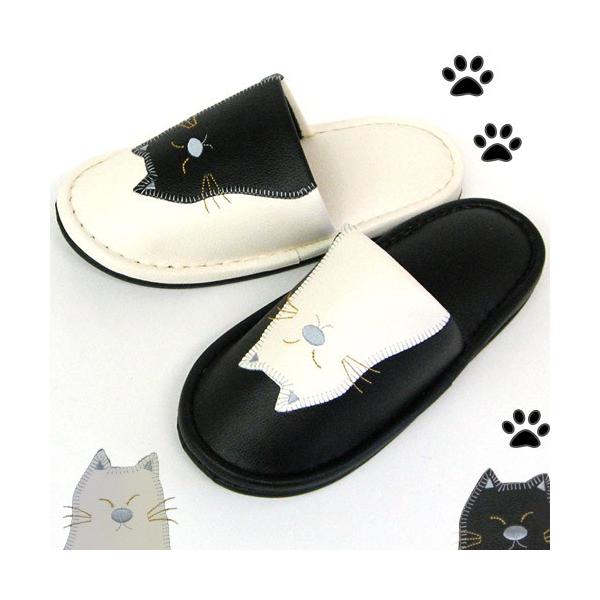 モノトーン猫アプリケ付 ビニールスリッパ レザー調 キッチン トイレ 水回りに最適