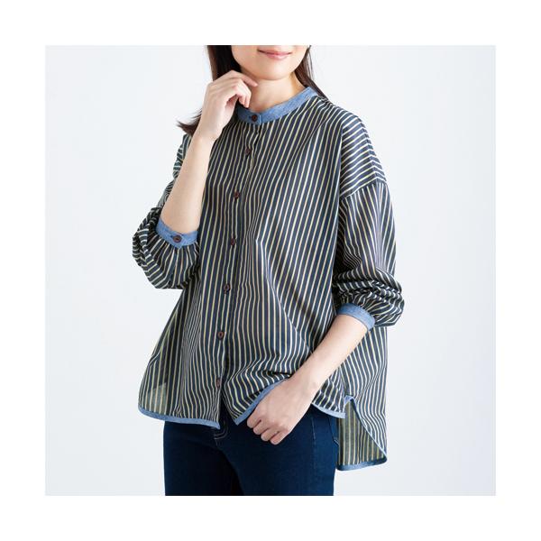 ポイント配色ストライプシャツ 水色 濃紺系 バンドカラーシャツ ブラウス 縞模様 長袖 レディース 婦人服 ミセス シニア 女性 スタンドカラー ブルー ネイビー 綿混 ストライプ柄 カジュアル 40代 50代 60代 70代 80代 90代 母の日 お母さん 春夏　nss　p27282 ポイント配色ストライプシャツ 水色 濃紺系 バンドカラーシャツ