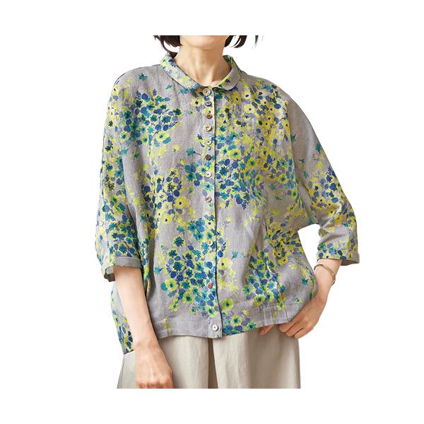 日本製 麻綿プリントドルマンブラウス グレー×グリーン系 麻混 ブラウス シャツ 七分袖 花柄 レディース 婦人服 ミセス シニア 女性 緑 灰色 黄色 麻混 綿混 ナチュラル 上品 かわいい シニアファッション 40代 50代 60代 70代 80代 90代 母の日 お母さん 春夏　nss　p27293 日本製 麻綿プリントドルマンブラウス グレー×グリーン系 麻混