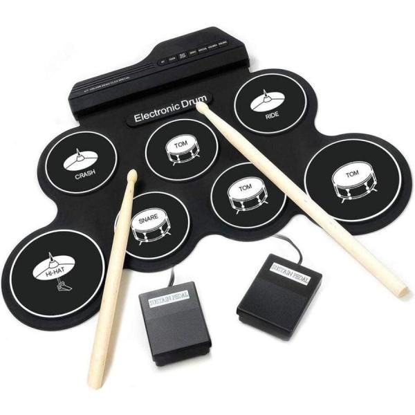 電子ドラムセットは、ドラム初心者、大きなドラムセットは置き場所、練習場所、騒音が気になる、お子様のおもちゃを探している人に。ロールアップで省スペース、USB、ヘッドホンやスピーカーに接続可能。選べる3色。演奏簡単。ドラムパッドは、スティック...