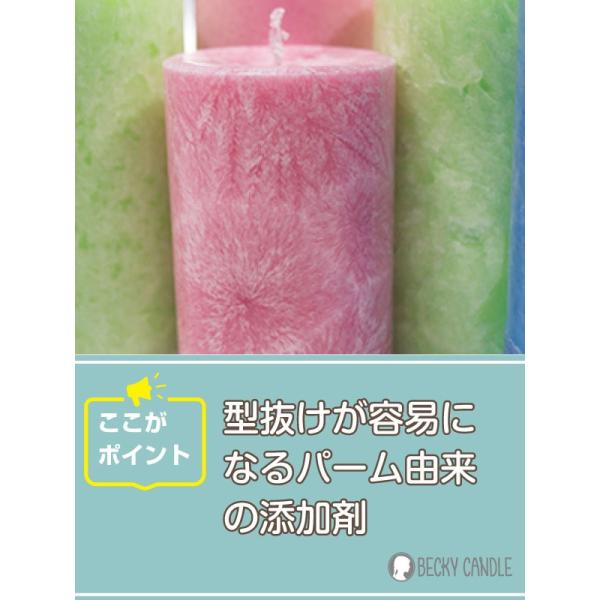 パーム（ヤシ）の葉を精製した植物性ワックス。炭素をほとんど含まないため、ススが出にくい。単独で使用すると、ヒビ割れや収縮が起きやすいので、必要に応じてパラフィンワックスに添加して使用します。ピラー（柱）キャンドルに向きます。【商品特性】●融...