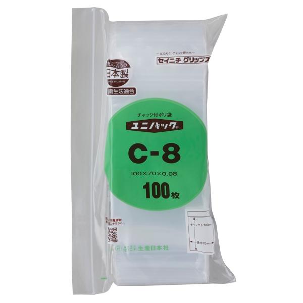 ジップロックよりもはるか昔に世界に先駆けて特許製品として開発されたＰＥ（ポリエチレン）製のチャック付き袋が「ユニパック」です。素材：ポリエチレン(透明)品番：Ｃ−８寸法：チャック下100×巾70×厚み0.08mm注文単位：1袋(100枚)…...