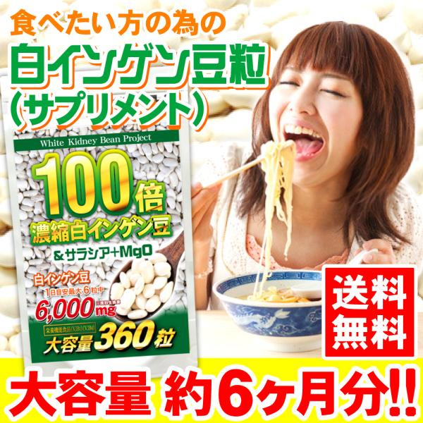 炭水化物や油分などあらゆる場面で着目!!濃縮白インゲン豆粒サラシア+MgO（大容量360粒/約6ヶ月分）炭水化物が好きな方へTVなどで話題を集めた白インゲン豆を100倍濃縮して配合!!原料生換算１粒中に1,000mg濃縮配合1日目安最大6粒...