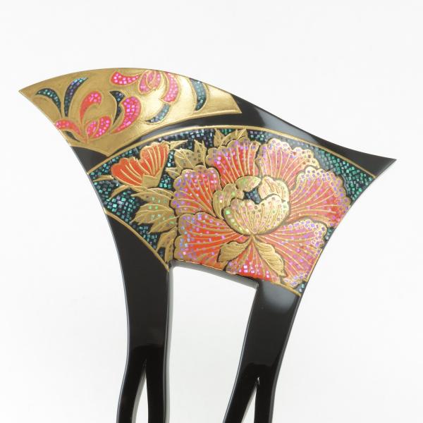鼈甲 簪 螺鈿蒔絵 (扇面文 牡丹 蘭) 波型 かんざし べっ甲 本鼈甲 髪