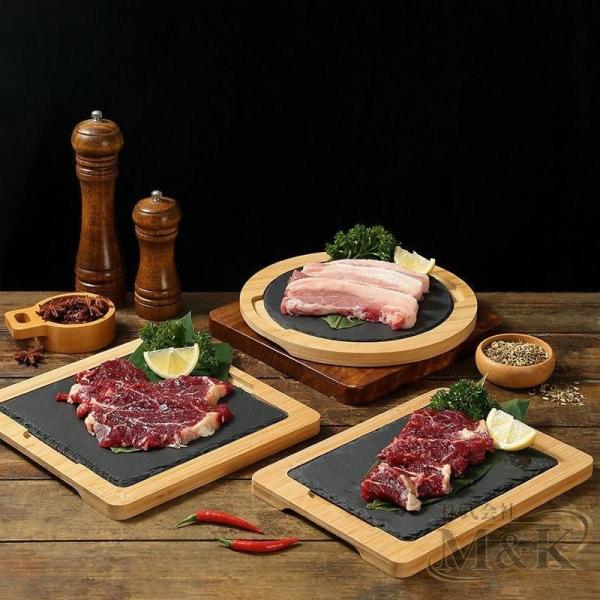 鉄板焼きプレート 大型鋳鉄ステーキプレート 木製ベースのグリドル 33×23cm M＆K（株） ステーキパングリルサーバープレート 園芸用品
