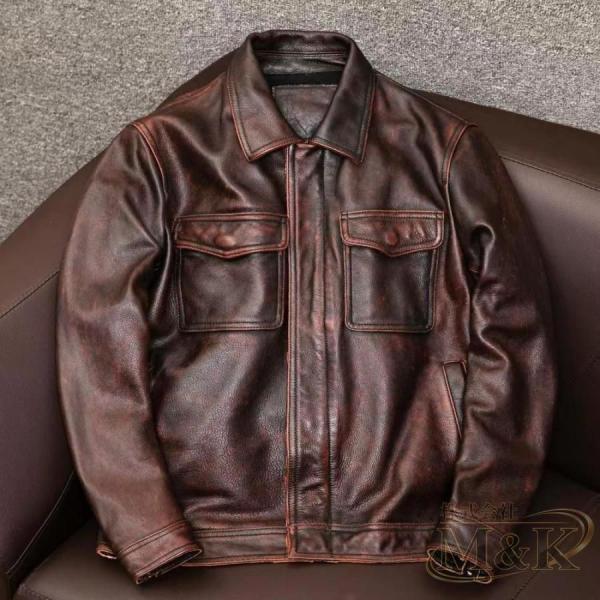 推薦 アメカジ レザージャケット ダスト/ユーズド加工 カウハイド ジャンパー M＆K（株） 革ジャン ブラウン メンズ 春夏秋 ファッション