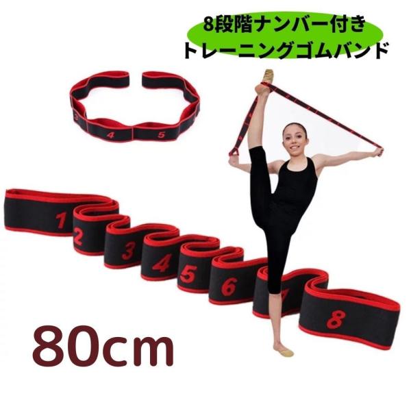 【レッド】ナンバー付きトレーニングゴムバンド　ゴムバンド　トレーニングバンド　ストレッチバンド　トレーニングゴムバンド　８段階　80ｃｍ　１本