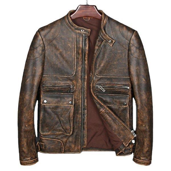 人気ブランドの新作 春秋 本革ジャケット フライトライダースジャケット カッコイイファッション 革ジャン レザーコート ダメージ加工カジュアル防風 牛革製ジャケット ブラウン 送料無料 コート ジャケット