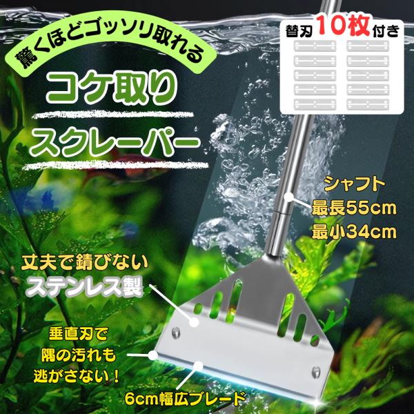 水槽 コケ取り スクレーパー ステンレス製で錆びない 丈夫 全長55cm 替刃10枚 安全カバー付き コケ掃除 ガラス掃除 道具 掃除 クリーナー メンテナンス 熱帯魚