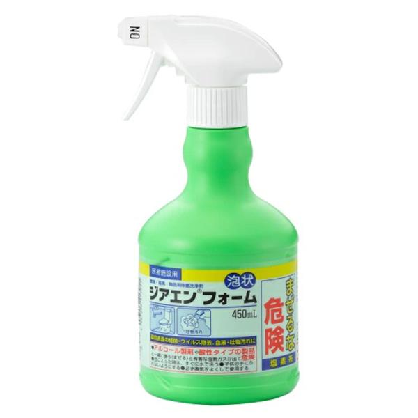 特徴　1.泡状の除菌洗剤です。液の飛散が少ないです。2.環境表面の細菌芽胞等に対して相乗的に作用します。3.希釈不要なので、そのまま対象物に使用することができます。内容量：450mL用途医療施設等の環境表面・器具・物品（トイレの手すりや便座...