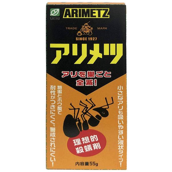 特徴 アリメツはアリの生活状態と習性を永年研究した結果生まれた殺蟻剤です。一匹のアリが本剤を発見すると仲間を呼んで一時にアリメツに集中吸食し、 餌として巣の中に運ばれ貯蔵し、女王アリをはじめとする巣全体のアリが食べる事により、 巣の仲間を時...