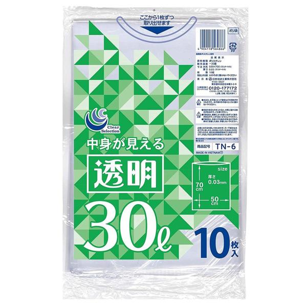 特徴 透明タイプのポリ袋。 30L10枚入りです。  材質 ポリエチレン  サイズ 50cm×70cm 厚さ：0.03mm