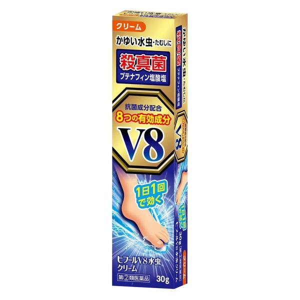 ■販売名：ヒフールV8水虫クリーム（みずむし・たむし用薬）■効果・効能：みずむし、いんきんたむし、ぜにたむし■用法・用量：１日数回、適量を患部に塗布してください。※使用上の注意をよくお読みください。■成分・分量（100ｇ中） ブテナフィン塩...