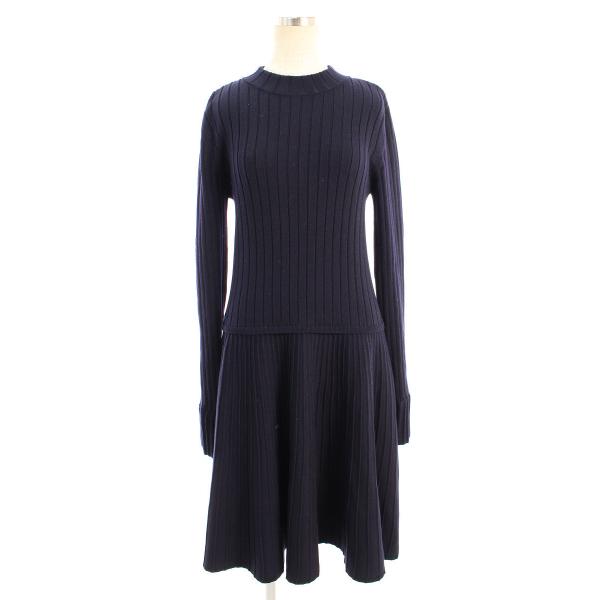 取寄品 フォクシー 年製 ワンピース ドレス ニット ロング 長袖 Kinte Dress Framboise バンドカラー 40 L 紺 魅力的な Www Kaneorthotics Co Nz