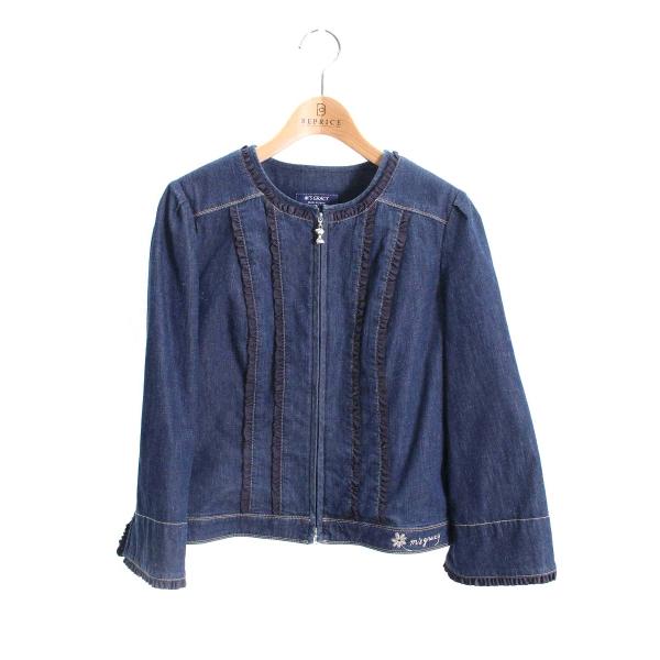 エムズグレイシー 114113 ジャケット 40 ブルー ノーカラー フリル