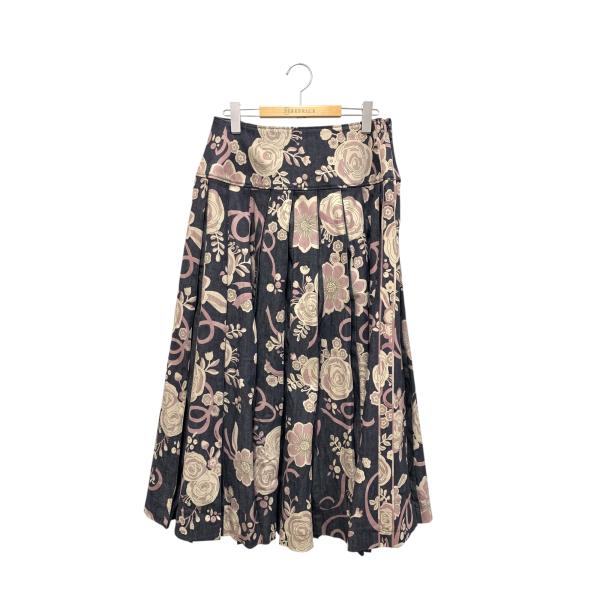 【美品】レオナールLEONARD トリムスカート 花柄 ネイビー 膝丈 40 美品】レオナールLEONARD トリムスカート 花柄 ネイビー 膝丈 40