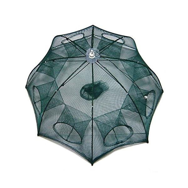 【ご購入後の当店からの連絡はご登録のメールアドレスに通知いたします。必ずご確認ください】餌でカニ・エビなどをおびき寄せ、傘型の袋状の網の中に閉じ込めます！8個の穴で様々な方向から迫ってくる獲物に対応します。外に出にくい加工で捕まえた獲物は逃...