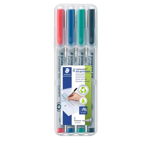 STAEDTLER (ステッドラー) Lumograph 非永久ウェットイレースマーカーペン 極細ペン先 低臭色マーカー 赤青緑 黒 4本パック 311 WP4 (311 WP4 ST)