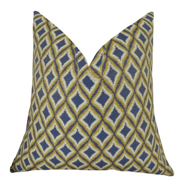 Thomas Collection Designer Decorative Throw Pillow - Blue Yellow White Geometric Diamond Pillow - Blue Geometric Couch Pillow - Textured Pillow, Made