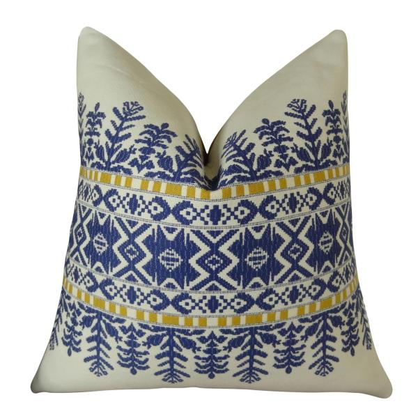Thomas Collection Decorative Throw Pillow - Aztec Blue White Yellow Tribal Pillow - Embroidered Aztec Pillow - Blue Tribal Pillow, Made in USA, 11071