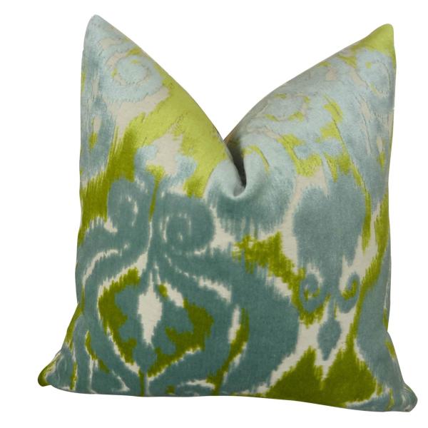 Thomas Collection Luxury Designer Decorative Velvet Throw Pillow - Blue Citrine Green Cream Geometric Pattern Pillow - Blue Velvet Throw Pillow, Made